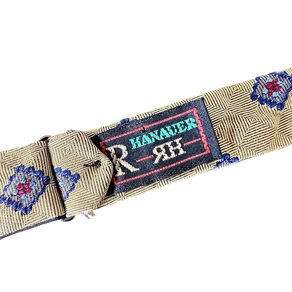 R Hanauer Mens Silk Self Tie Bow Tie Gold Blue Geometric Diamond Medallion USA‎ - Picture 3 of 4